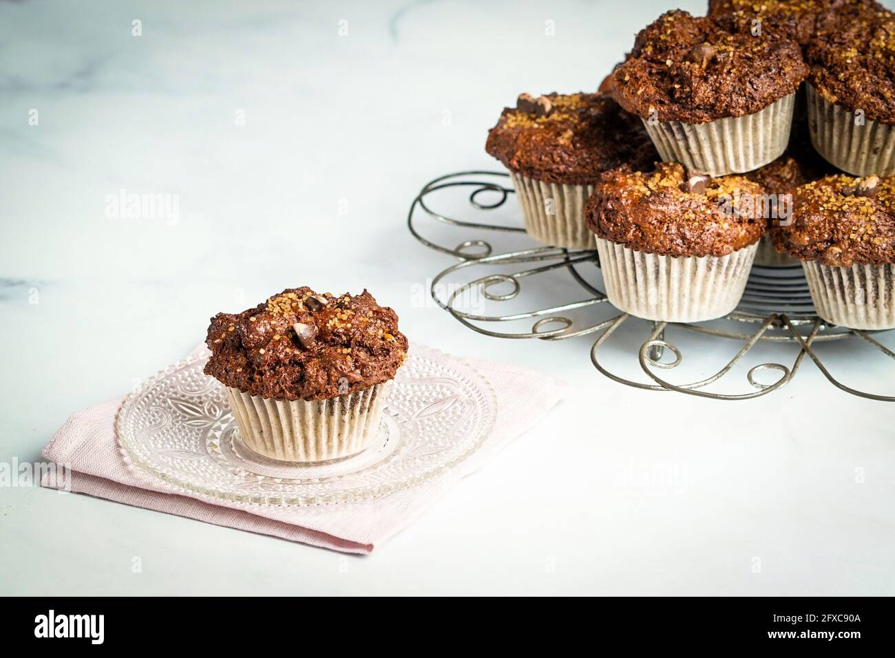 Chocolate muffins with chocolate chips Stock Photo