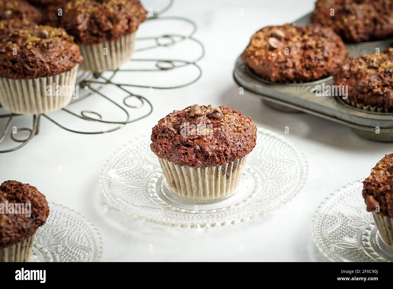 Chocolate muffins with chocolate chips Stock Photo