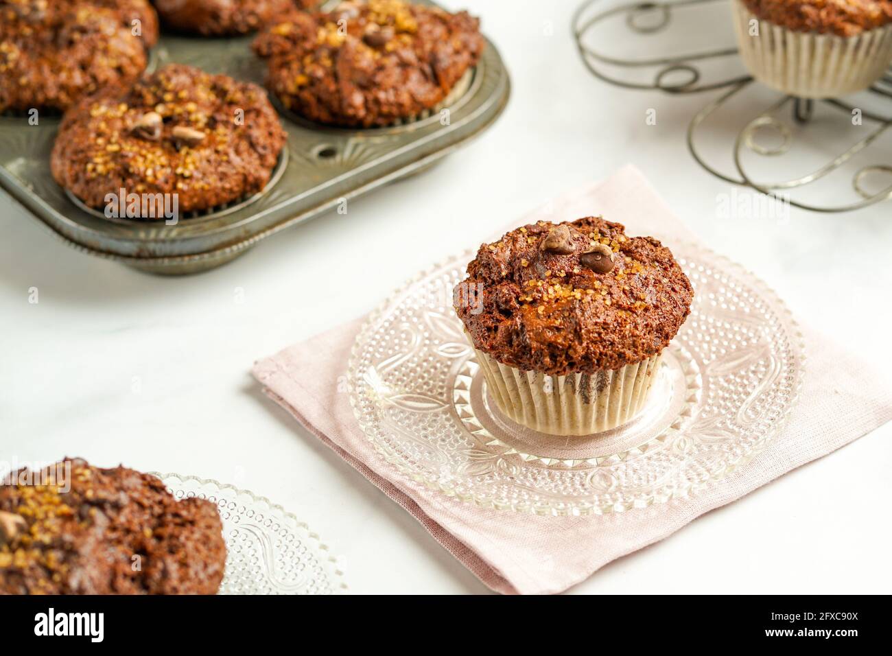 Chocolate muffins with chocolate chips Stock Photo