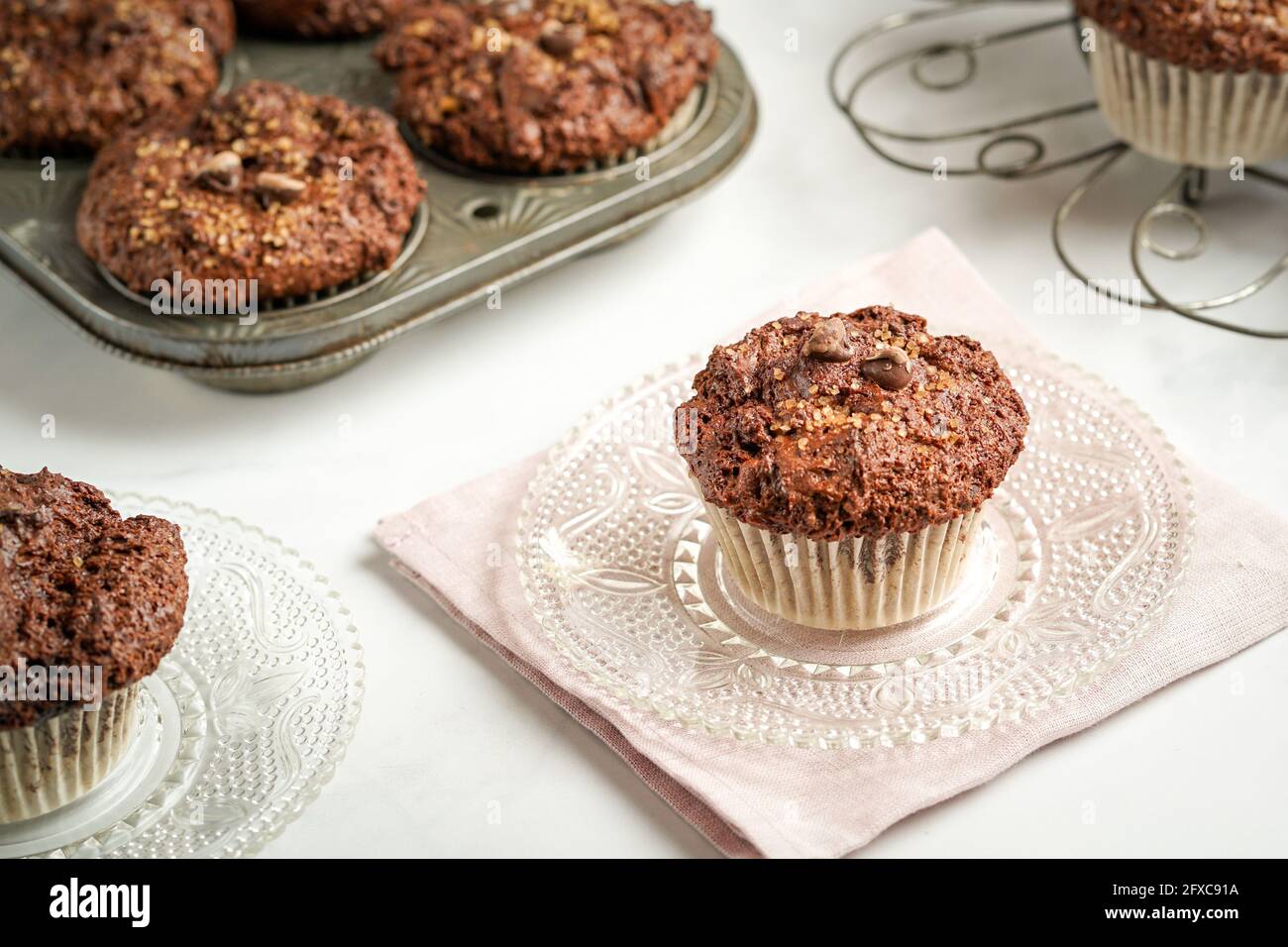 Chocolate muffins with chocolate chips Stock Photo