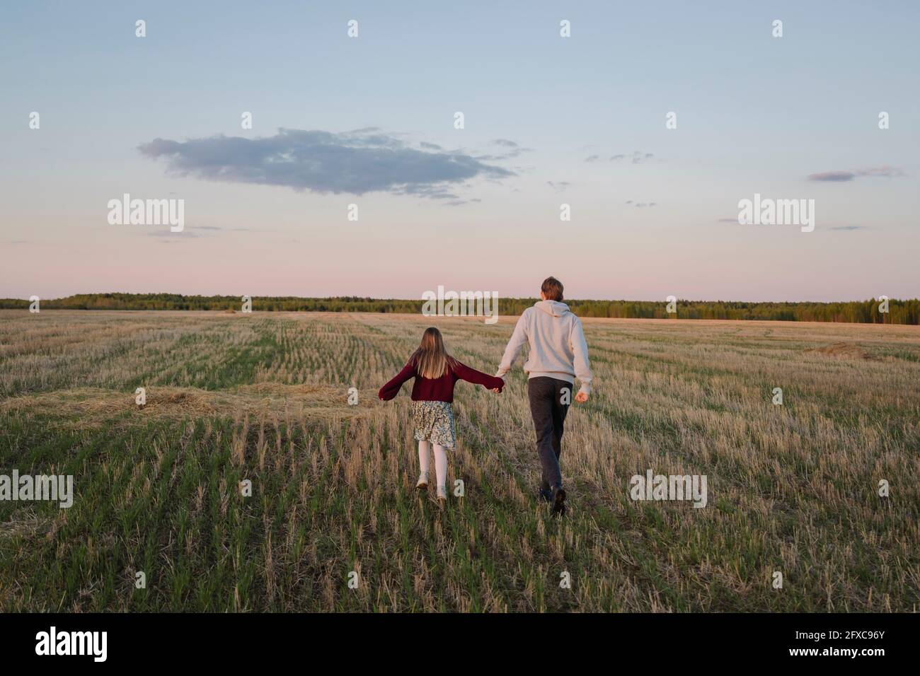Father and daughter walking in field Stock Photo
