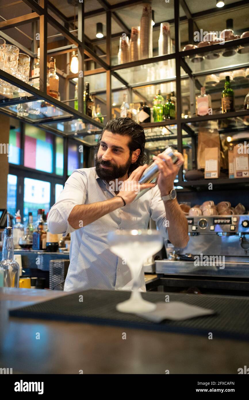 Young bartender mixing drink in cocktail shaker at bar Stock Photo Alamy
