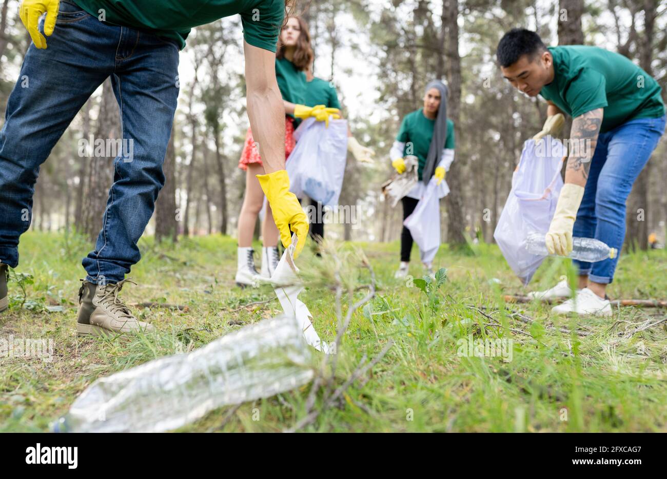 Multi-ethnic volunteers cleaning forest together Stock Photo