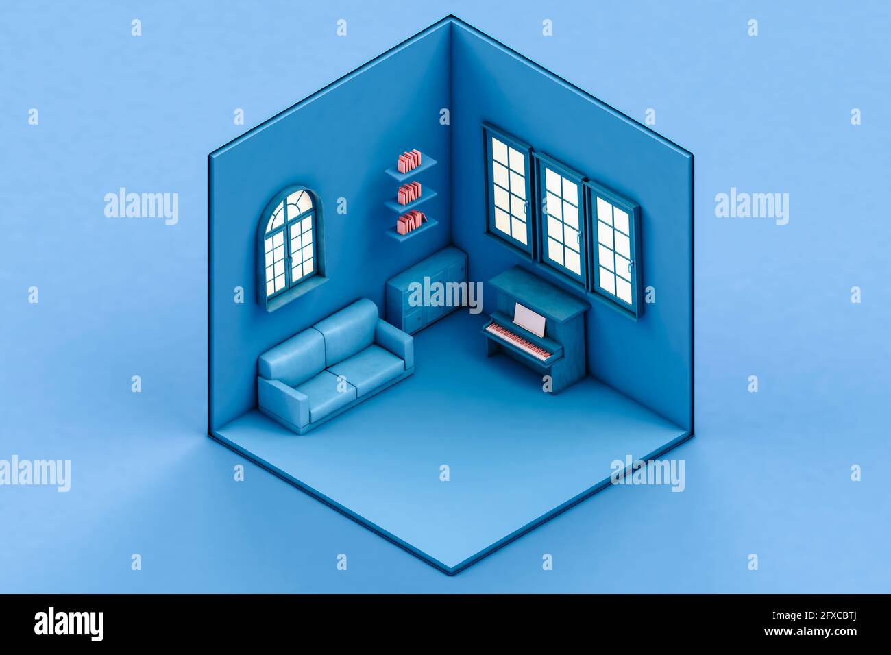 Isometric view of blue room with sofa and piano Stock Photo