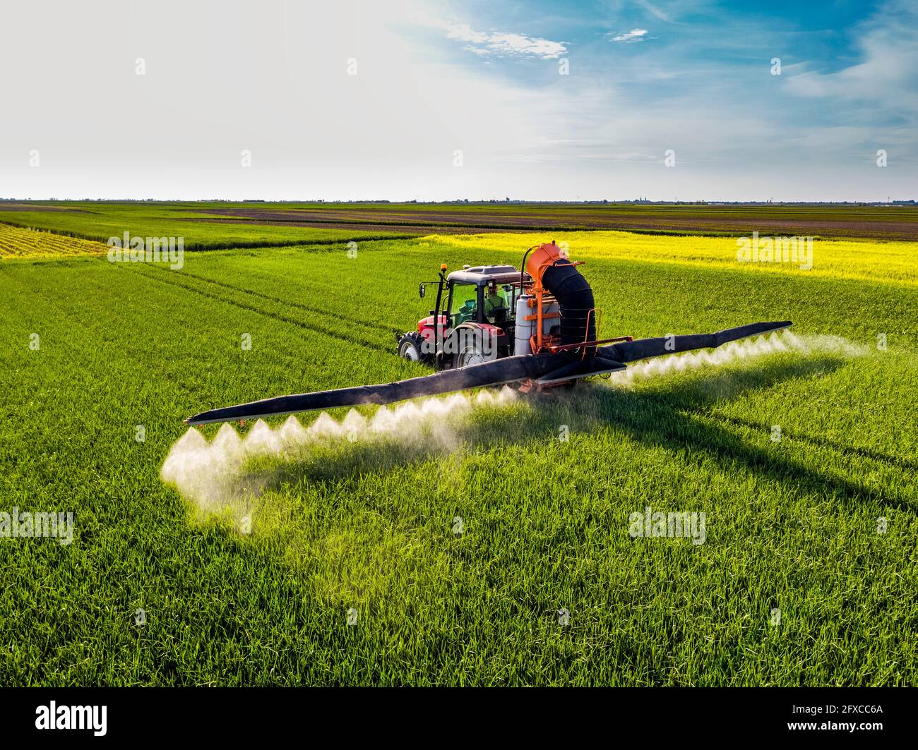 Tractor spraying pesticide on wheat field during sunny day Stock Photo