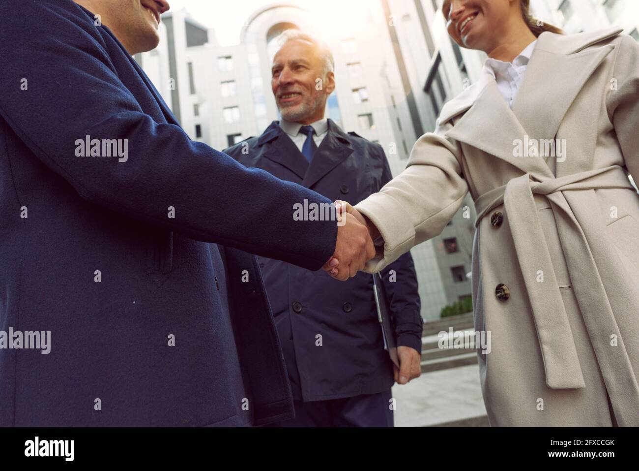 Handshaking business person in office as teamwork and partnership. Stock Photo
