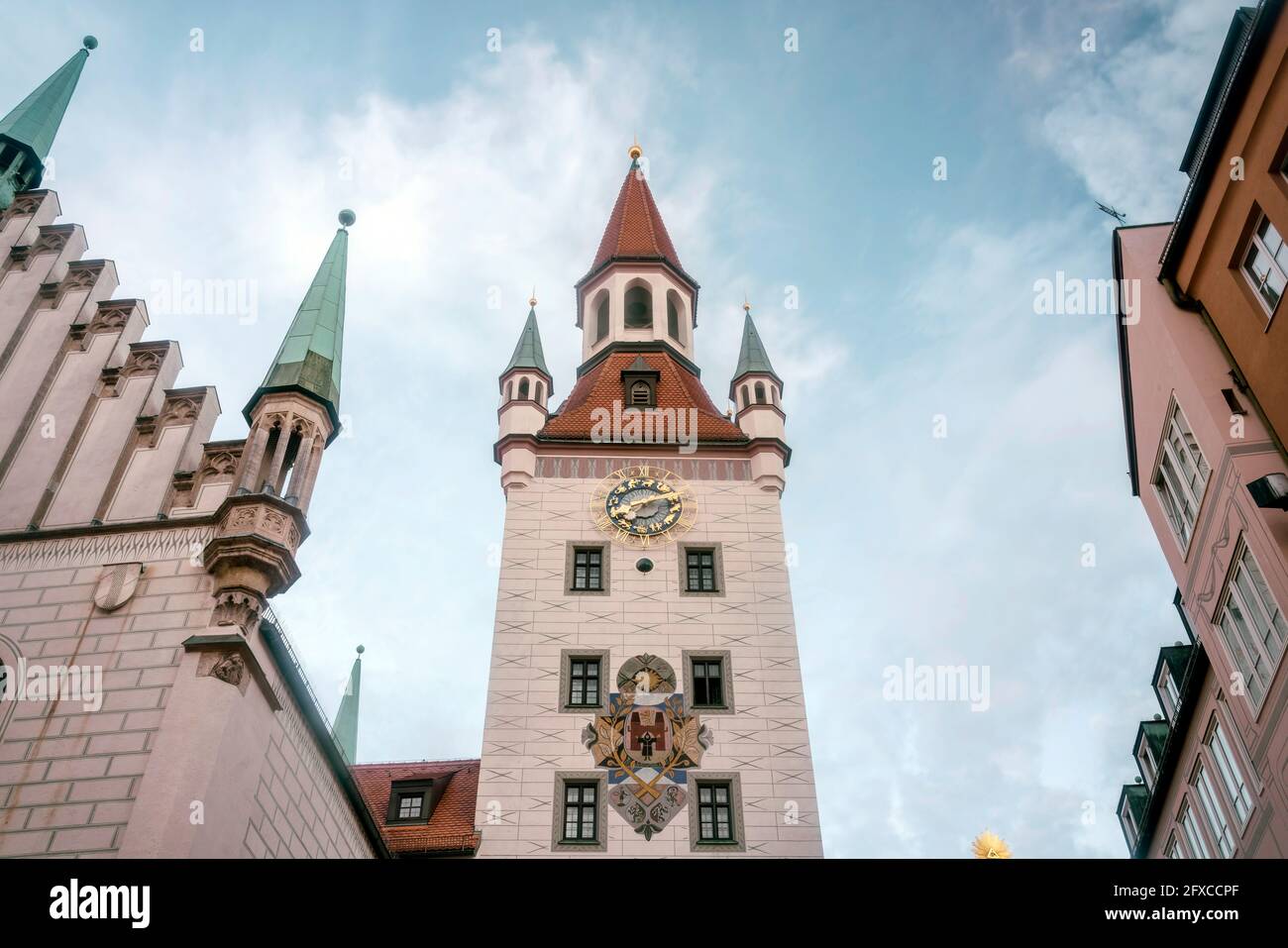 Gothic Style clock tower at Munich, Bavaria, Germany Stock Photo