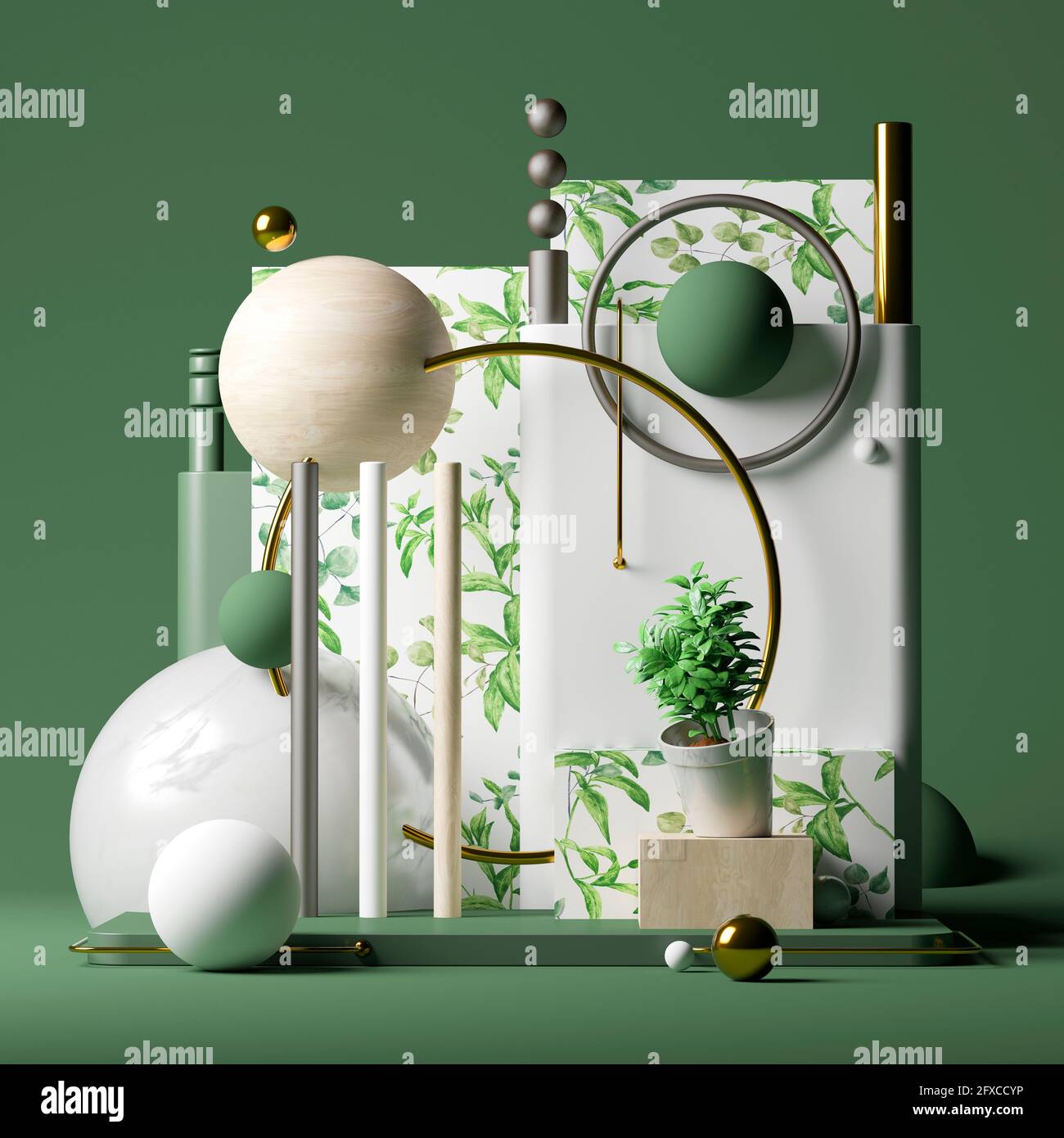 Three dimensional render of pedestal with potted plant, various spheres, tubes and decorative wallpapers with green leaves Stock Photo