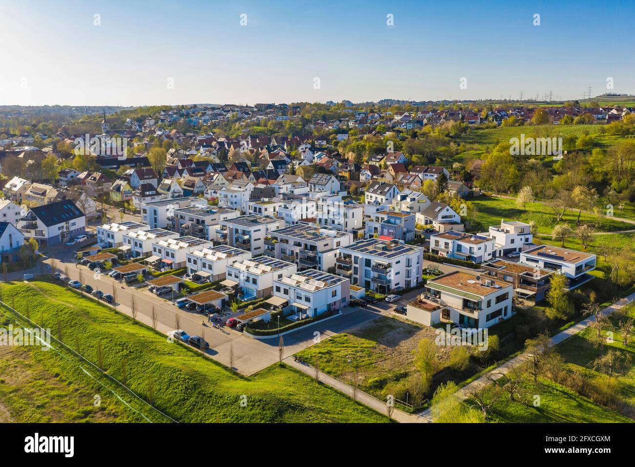 Germany, Baden-Wurttemberg, Waiblingen, Aerial view of modern suburb with energy efficient single and multi family houses Stock Photo