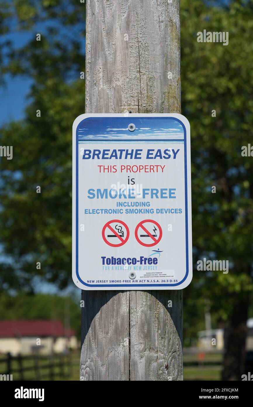 Richland, NJ - May 11, 2021: Tobacco Free for a Healthy New Jersey sign designates a Smoke Free property. Stock Photo