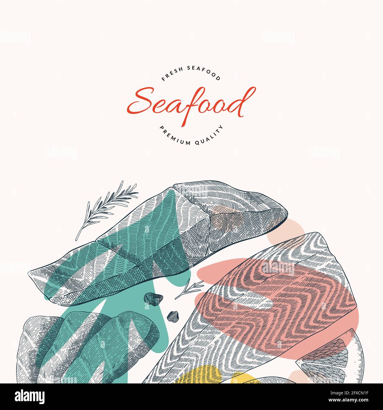 Salmon fish illustration, vector template with hand drawn art of salmon fillet and steak, culinary ongredients, bannerr or card design Stock Vector