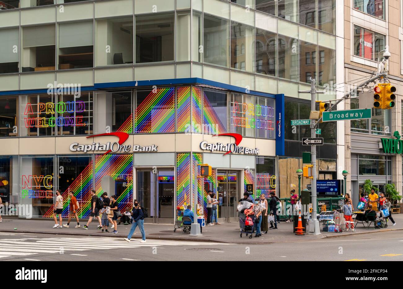 A branch of Capital One Bank in Union Square in New York is enthusiastically decorated for Gay Pride on Saturday, May 22, 2021.  (© Richard B. Levine) Stock Photo