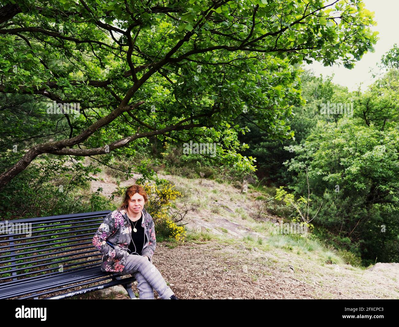 a Caucasian girl is sitting on a bench in a park under an oak tree ...