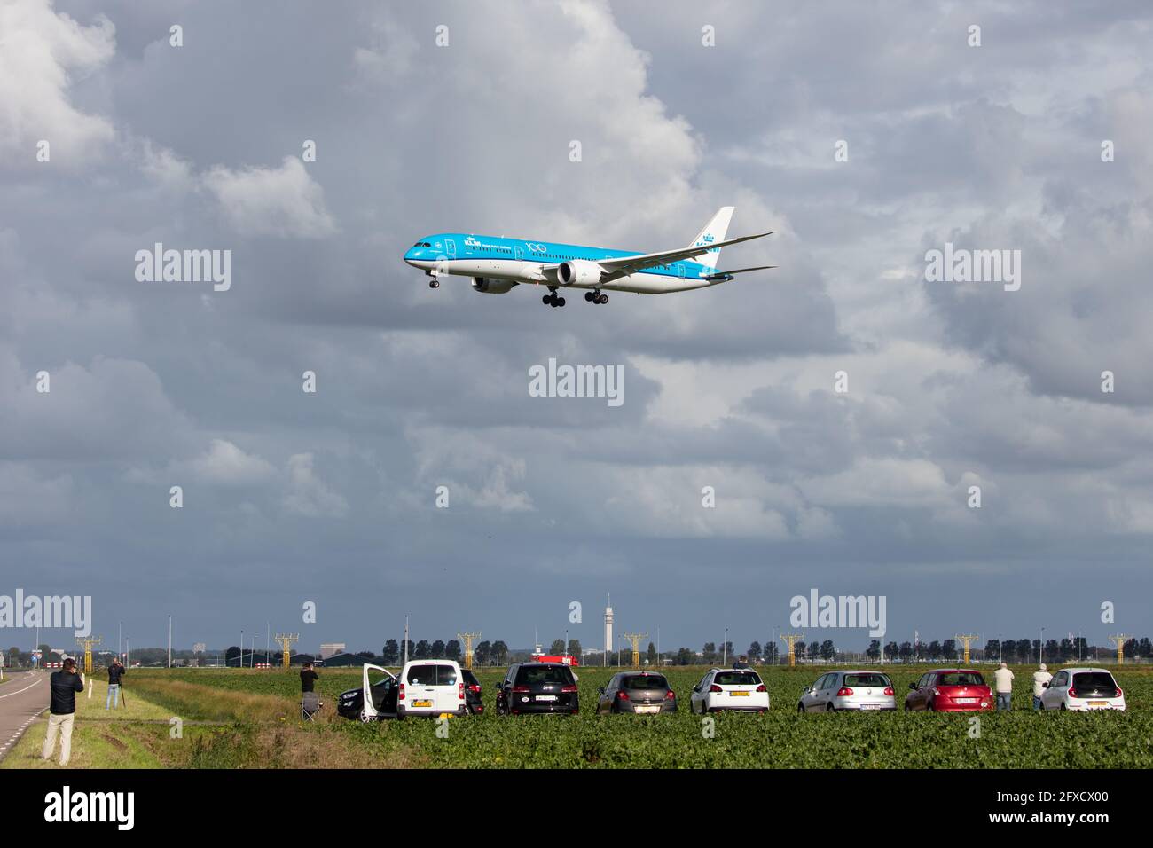 AMSTERDAM, NETHERLANDS - Sep 13, 2020: KLM (KL / KLM) approaching Amsterdam Schiphol Airport (EHAM/AMS) with a Boeing 787-9 Dreamliner B789 (PH-BHG/38 Stock Photo