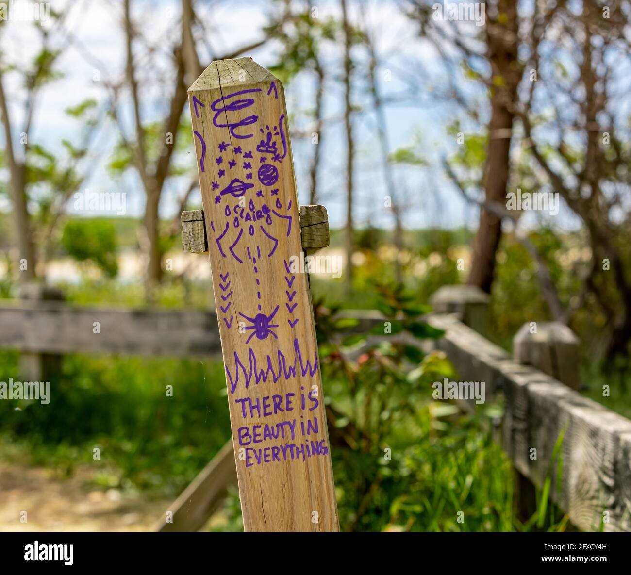 'There is beauty in everything' written in purple in with an illustration on wood post in East Hampton, NY Stock Photo