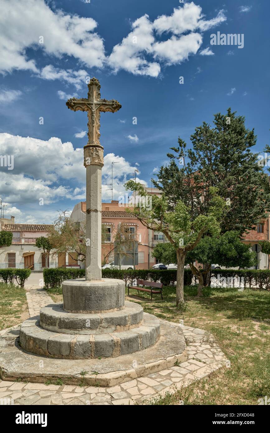 Stone humilladero cross in the town square of San Mateo in the province of Castellon, Spain, Europe Stock Photo