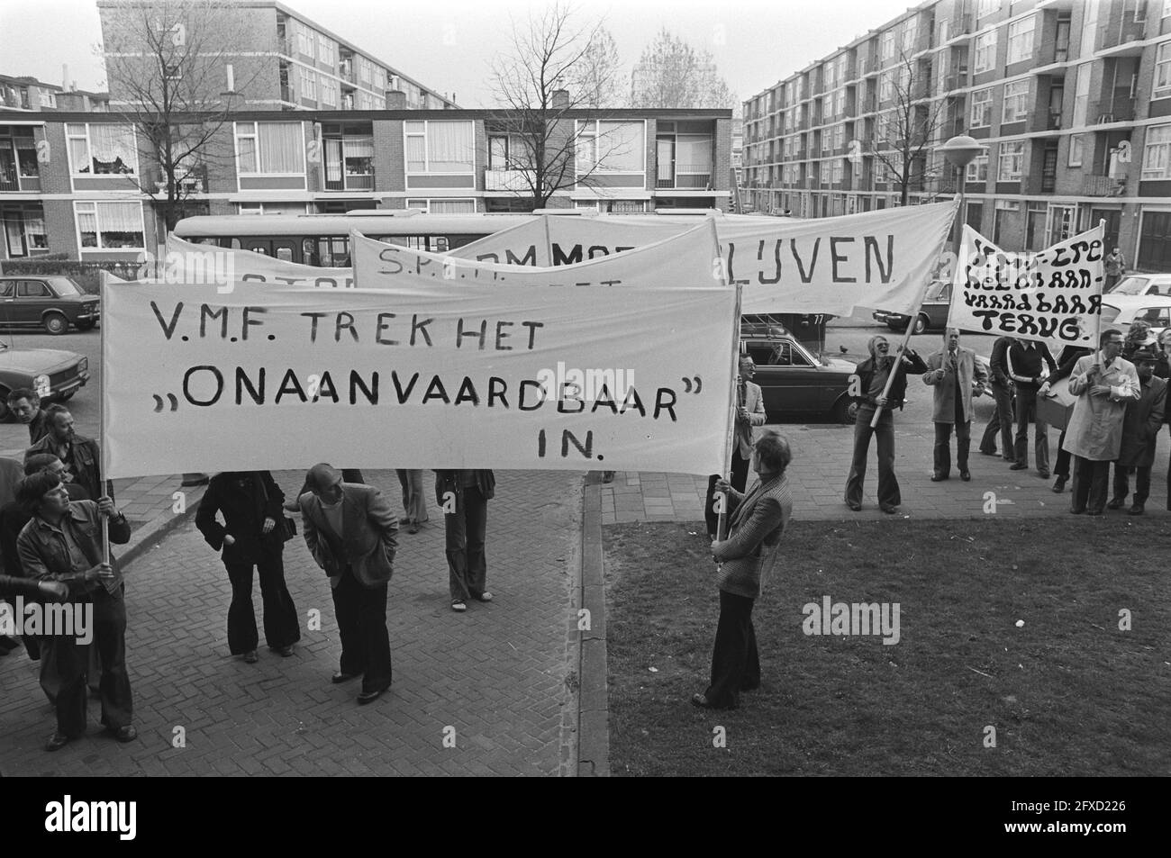 VMF personnel with a banner, March 18, 1977, labor disputes, protests, employees, The Netherlands, 20th century press agency photo, news to remember, documentary, historic photography 1945-1990, visual stories, human history of the Twentieth Century, capturing moments in time Stock Photo