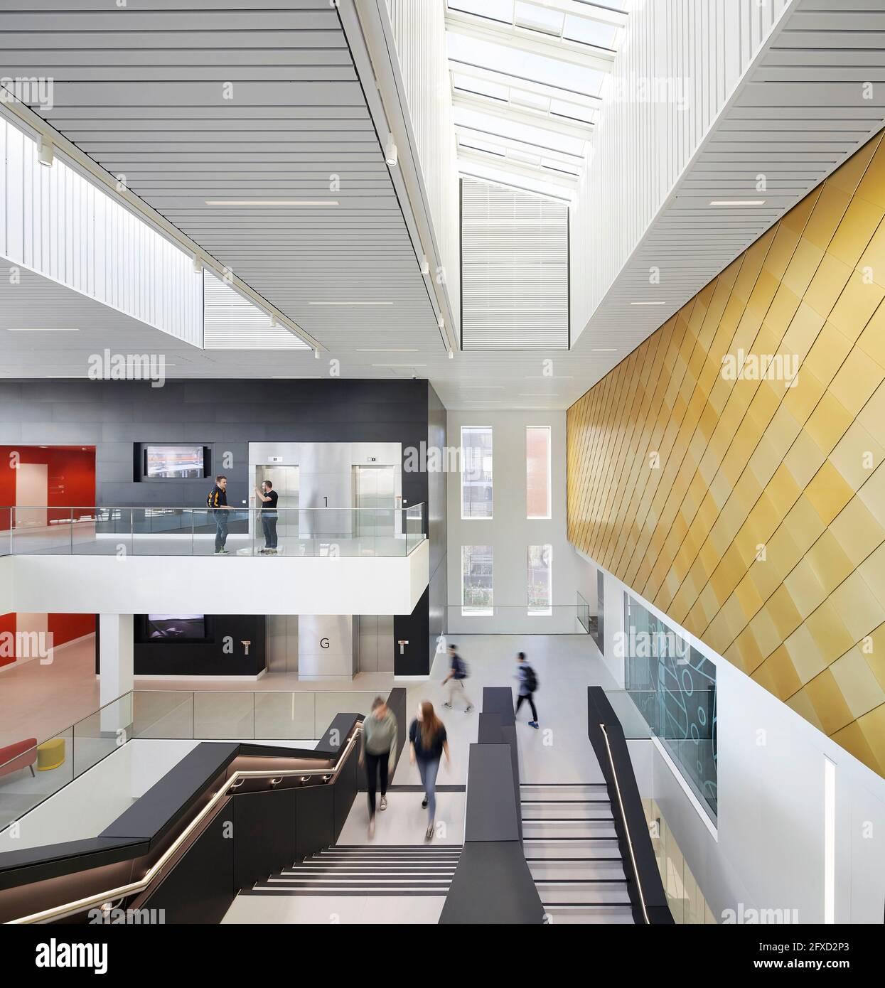 View across stairways and circulation spaces. University of Birmingham, Collaborative Teaching Laboratory, Birmingham, United Kingdom. Architect: Shep Stock Photo