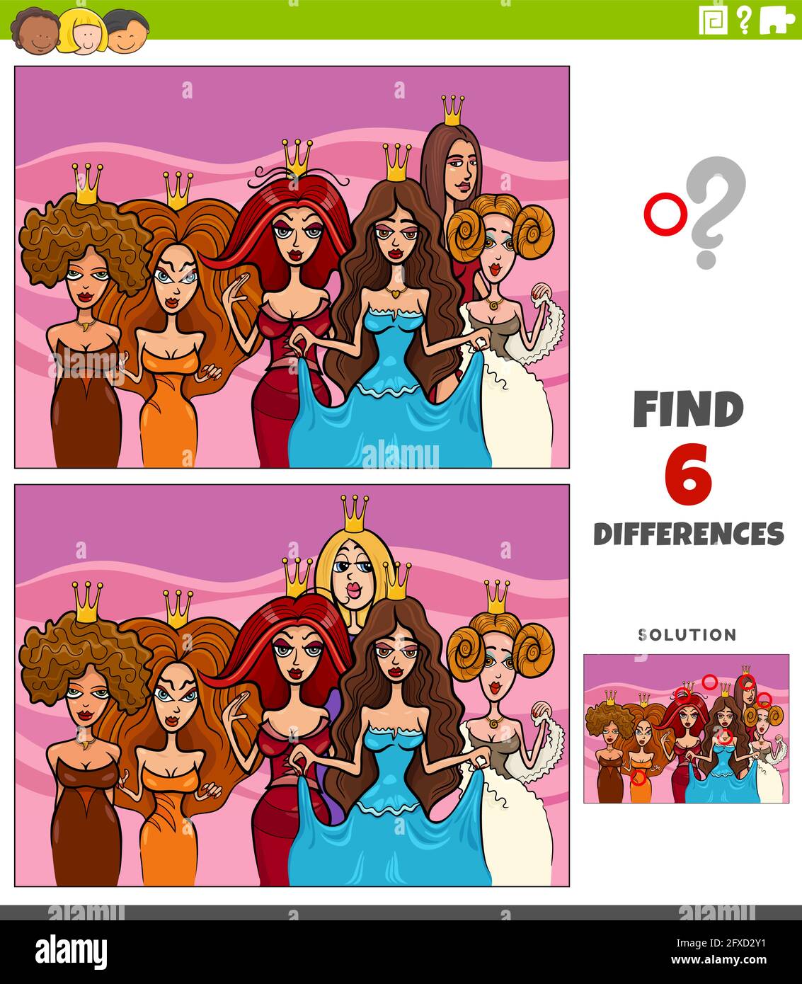 Cartoon illustration of finding the differences between pictures educational game for children with queens or princesses characters group Stock Vector