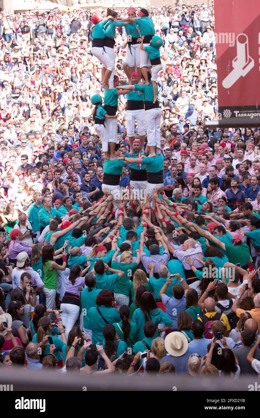 Tarragona, Spain, September 19, 2019 - Girls Climbing Human Castles Tower Stock Photo