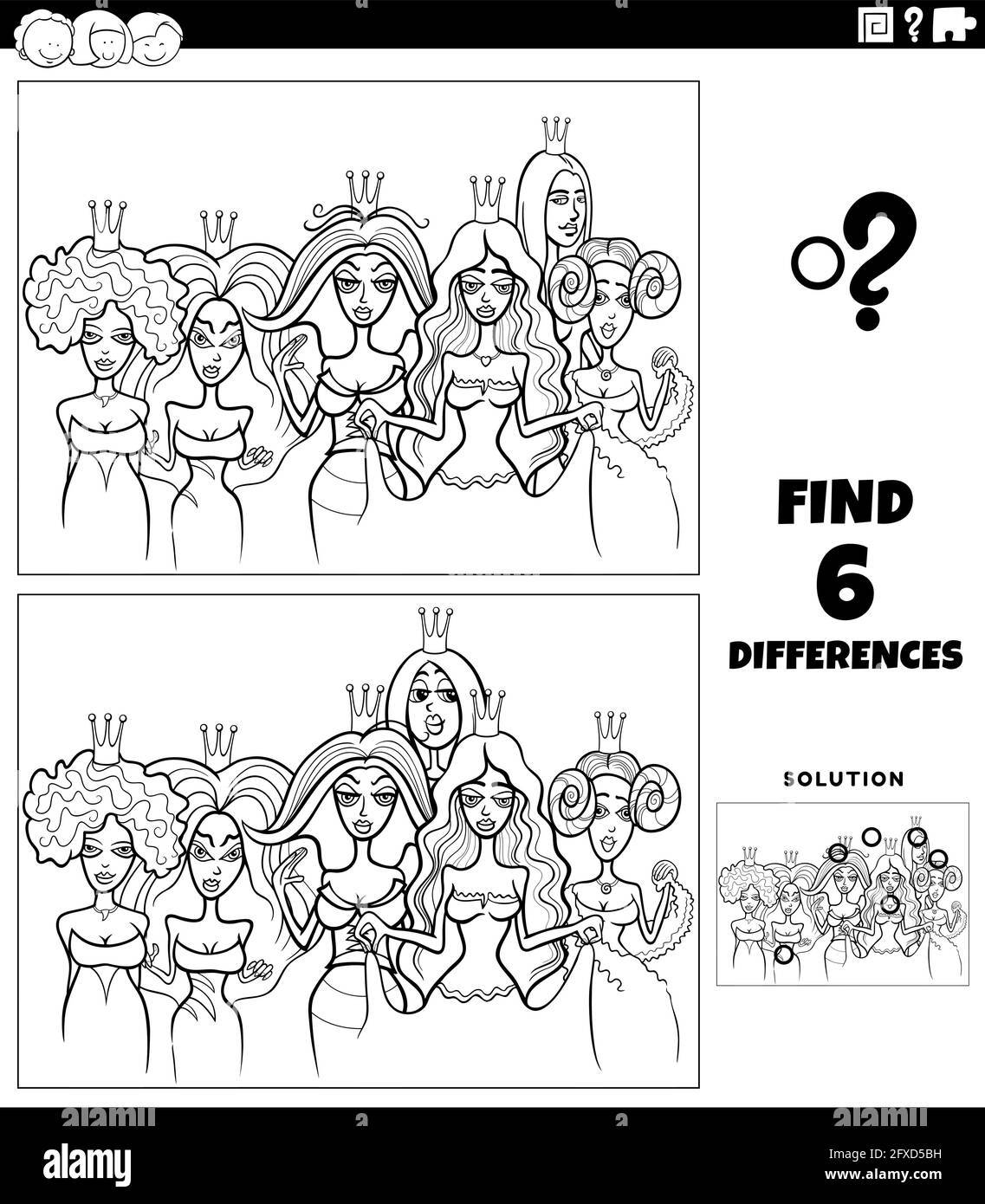 Black and white cartoon illustration of finding the differences between pictures educational game for children with queens or princesses characters gr Stock Vector
