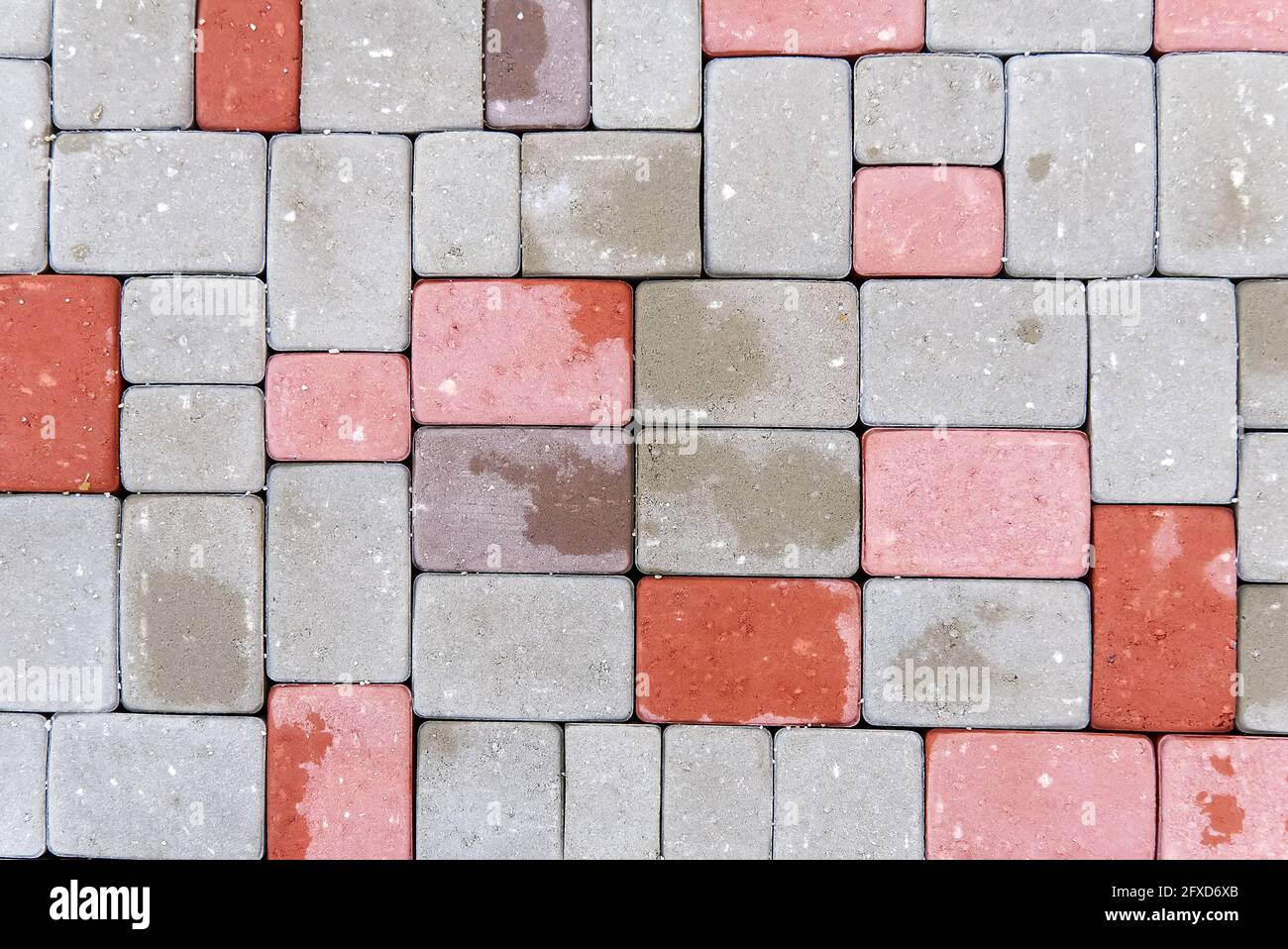red, gray and brown, paving stones pattern. flat lay. Stock Photo