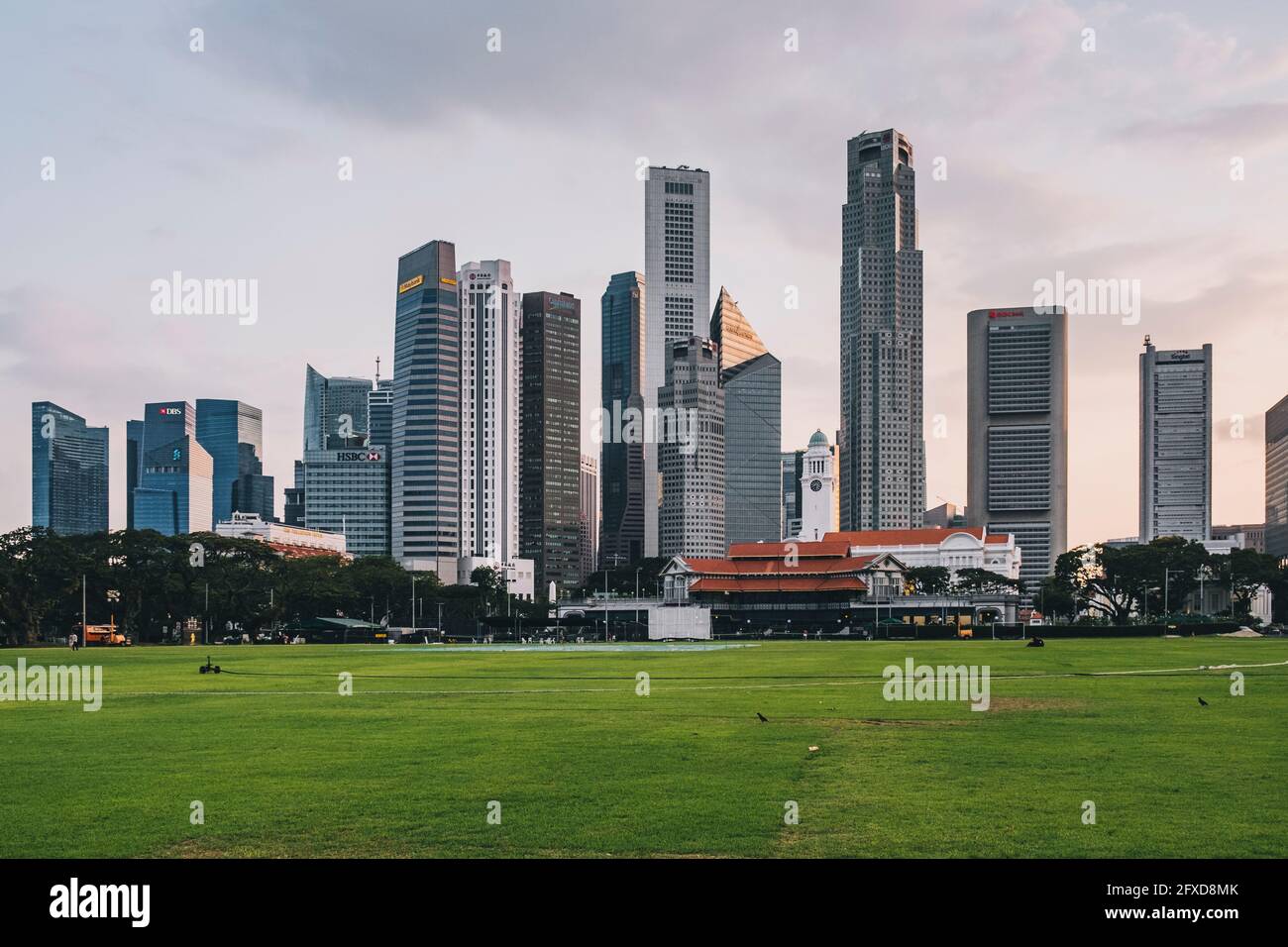 Padang playing green field with a low angle of the city skyline featuring financial district, Singapore. Stock Photo