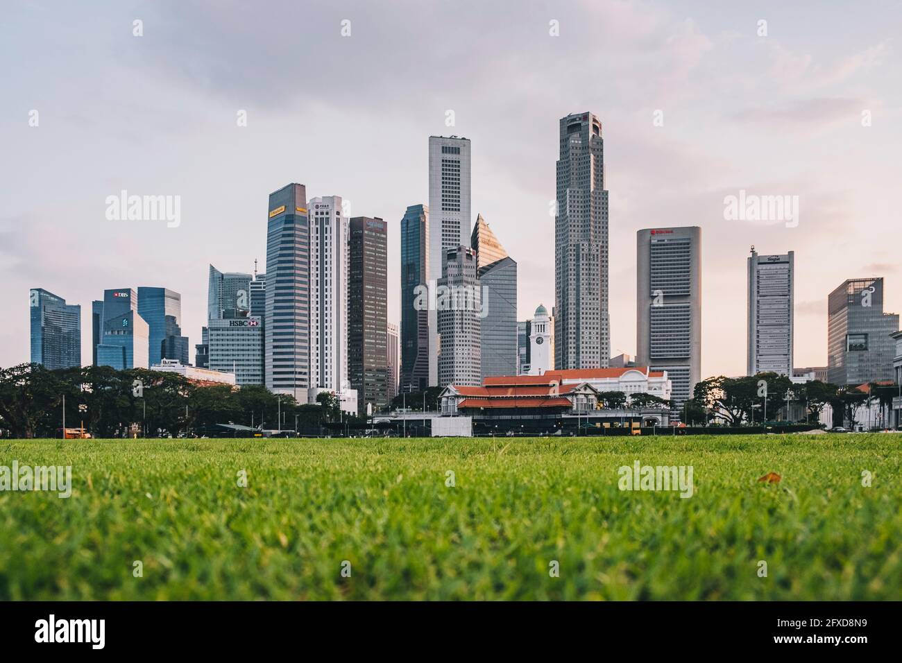Padang playing green field with a low angle of the city skyline featuring financial district, Singapore. Stock Photo
