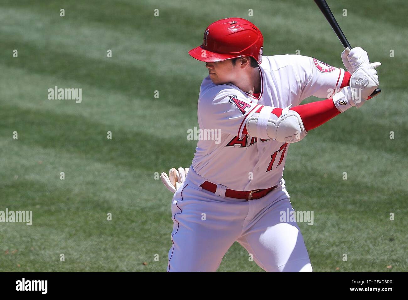 May 26, 2021: Los Angeles Angels designated hitter Shohei Ohtani (17) bats for the Halos during the game between the Texas Rangers and the Los Angeles Angels of Anaheim at Angel Stadium in Anaheim, CA, (Photo by Peter Joneleit, Cal Sport Media) Stock Photo