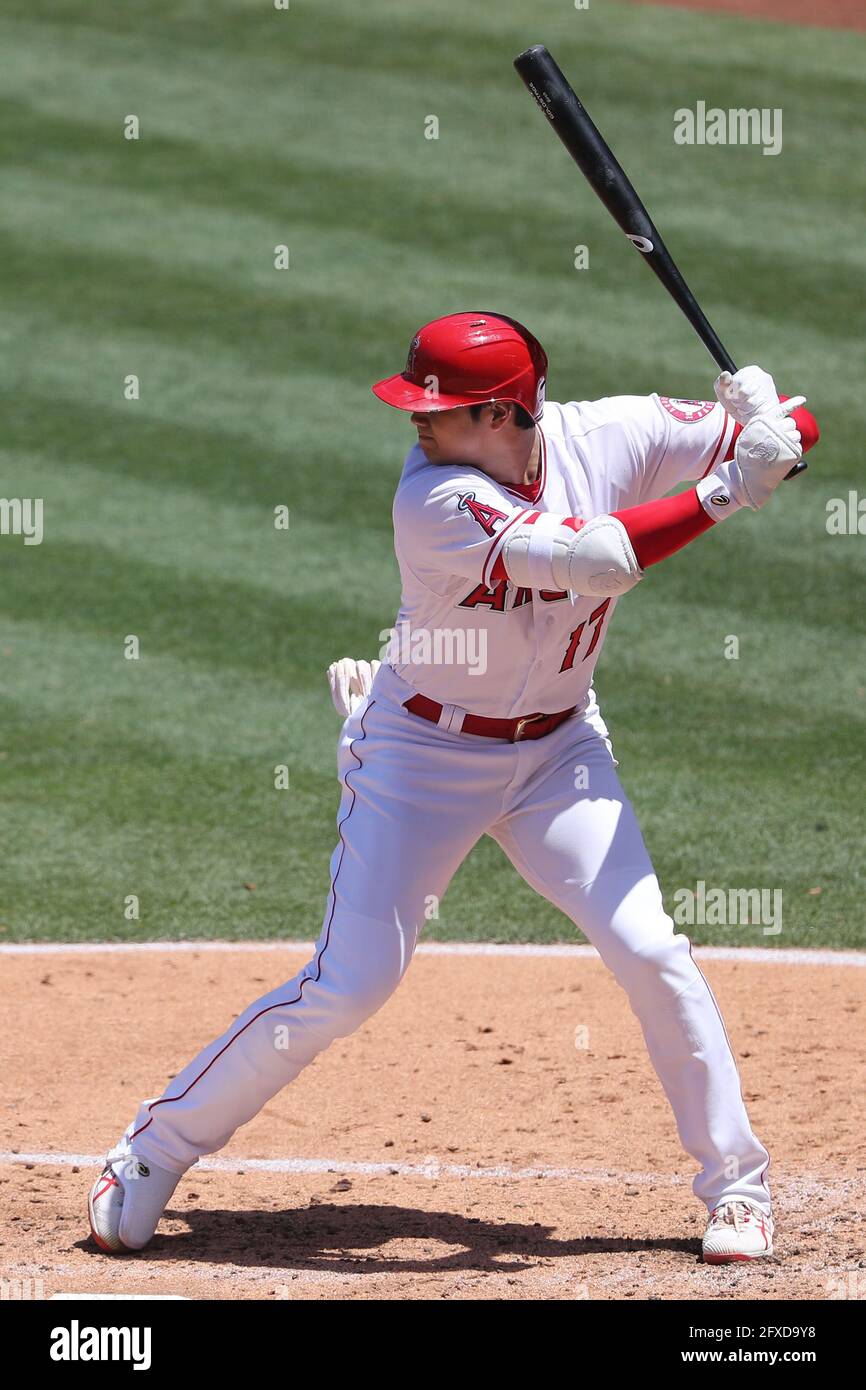 May 26, 2021: Los Angeles Angels designated hitter Shohei Ohtani (17) bats for the Halos during the game between the Texas Rangers and the Los Angeles Angels of Anaheim at Angel Stadium in Anaheim, CA, (Photo by Peter Joneleit, Cal Sport Media) Stock Photo