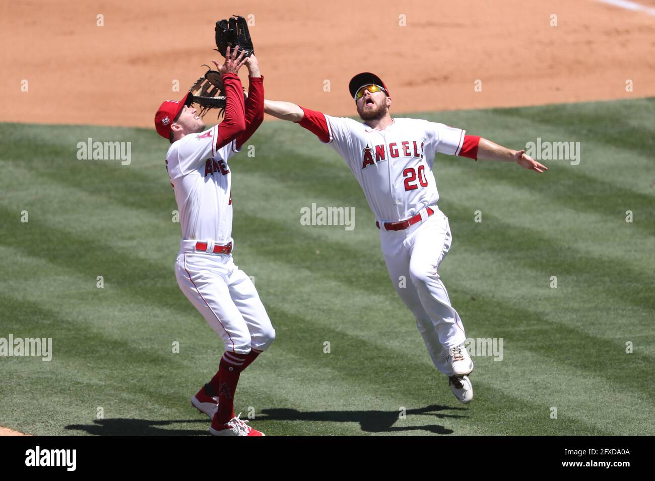 May 26, 2021: Los Angeles Angels first baseman Jared Walsh (20) and Los Angeles Angels starting pitcher Griffin Canning (47) almost collide trying to catch an infield fly during the game between the Texas Rangers and the Los Angeles Angels of Anaheim at Angel Stadium in Anaheim, CA, (Photo by Peter Joneleit, Cal Sport Media) Stock Photo