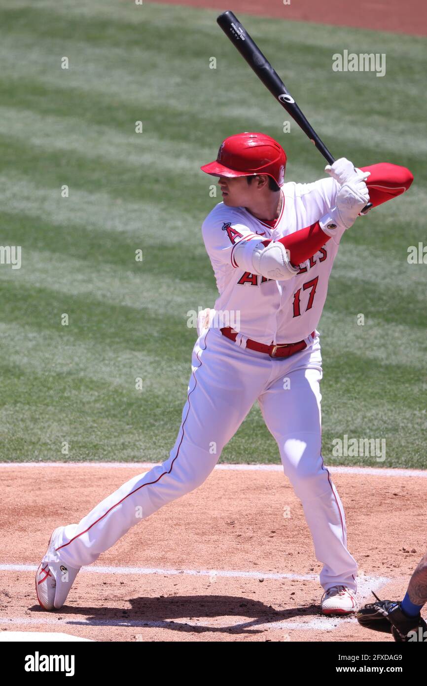 May 26, 2021: Los Angeles Angels designated hitter Shohei Ohtani (17) bats for the Angels during the game between the Texas Rangers and the Los Angeles Angels of Anaheim at Angel Stadium in Anaheim, CA, (Photo by Peter Joneleit, Cal Sport Media) Stock Photo