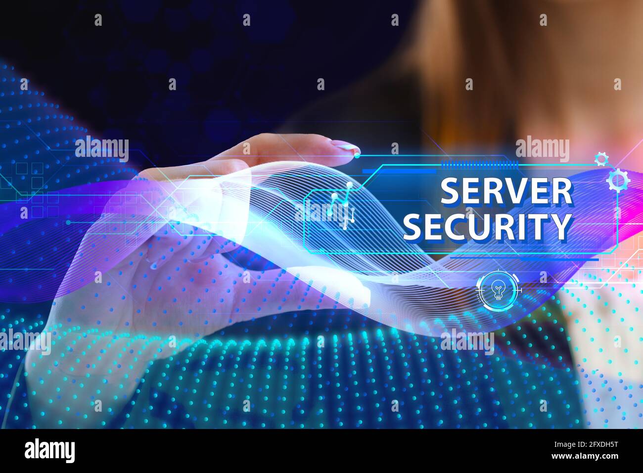 Business, Technology, Internet and network concept. Young businessman working on a virtual screen of the future and sees the inscription: Server secur Stock Photo