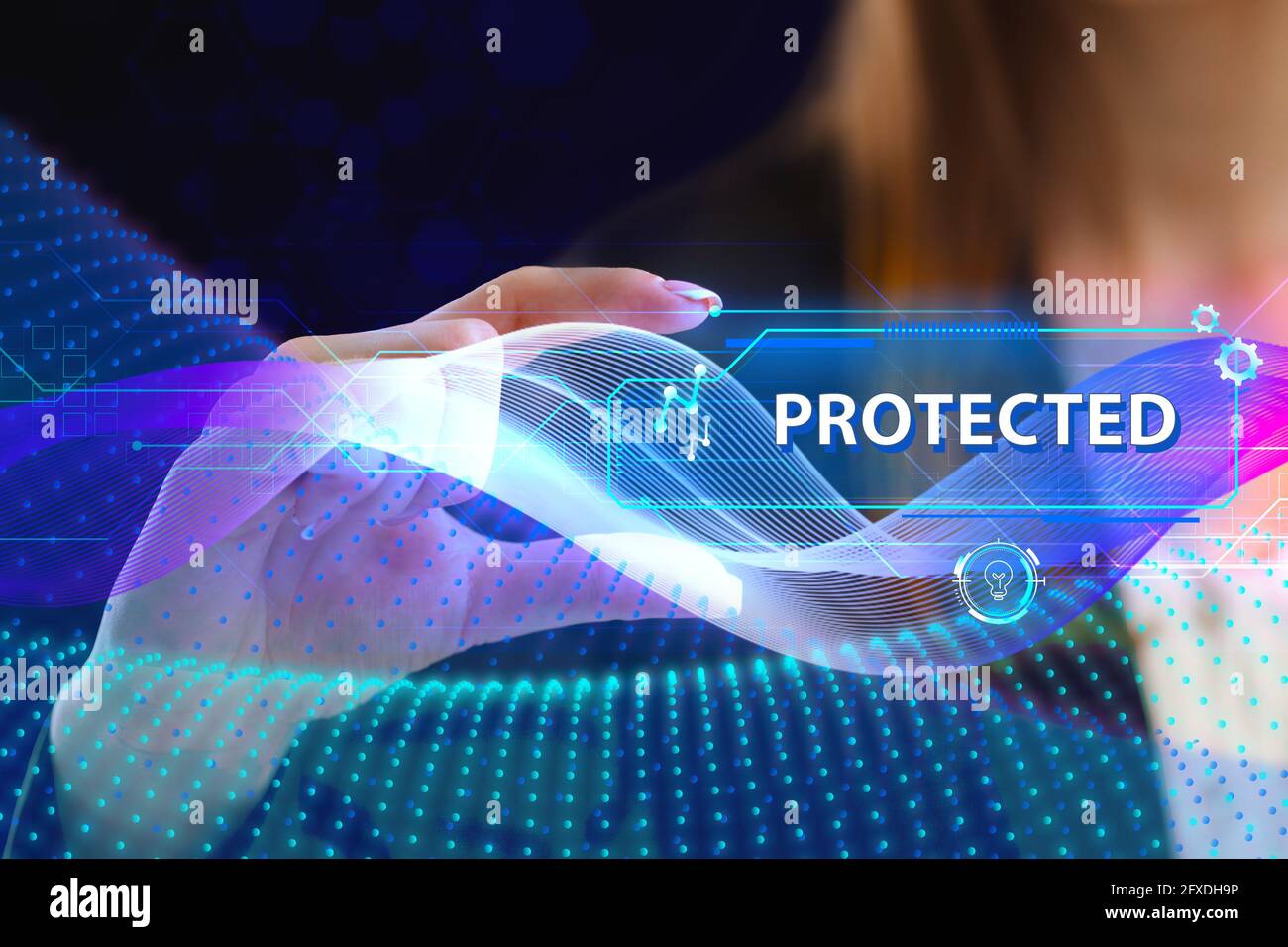 Business, Technology, Internet and network concept. Young businessman working on a virtual screen of the future and sees the inscription: Protected Stock Photo