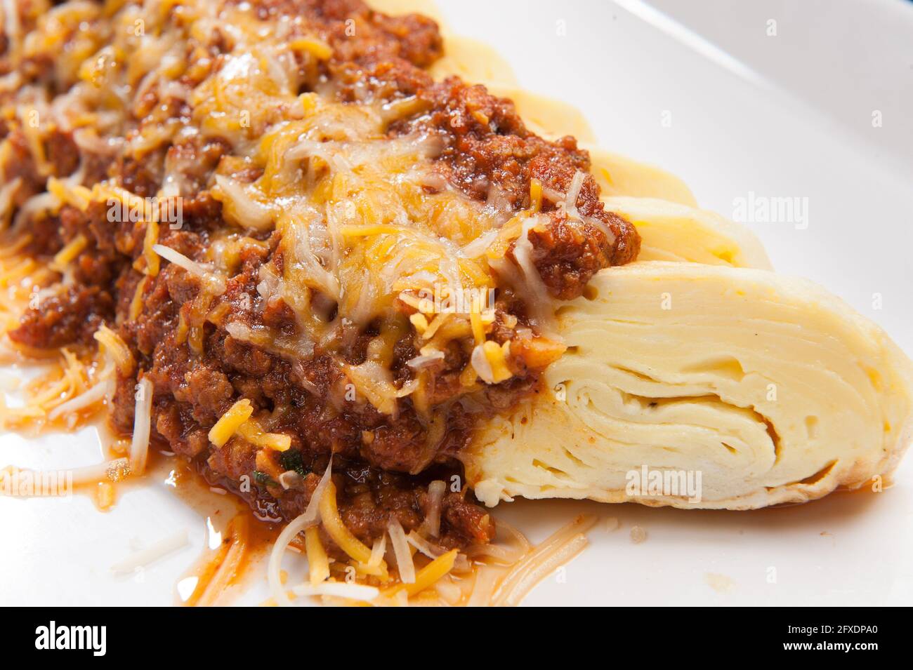 Asian lasagne with eggs, cheese, and meat sauce Stock Photo - Alamy