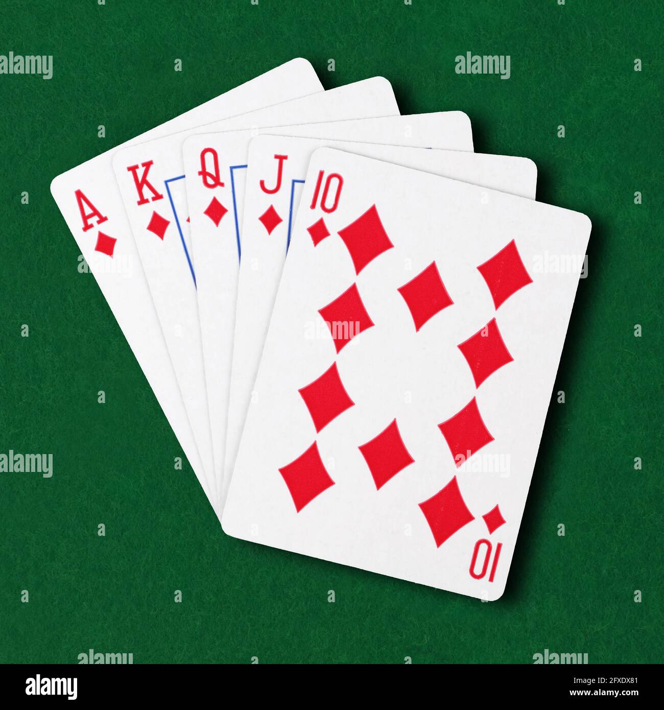 Create an artistic representation of a royal flush, the highest-ranking  hand in poker, using vibrant colors and intricate details. showcase the  five cards (ace, king, queen, jack, and ten) from a single