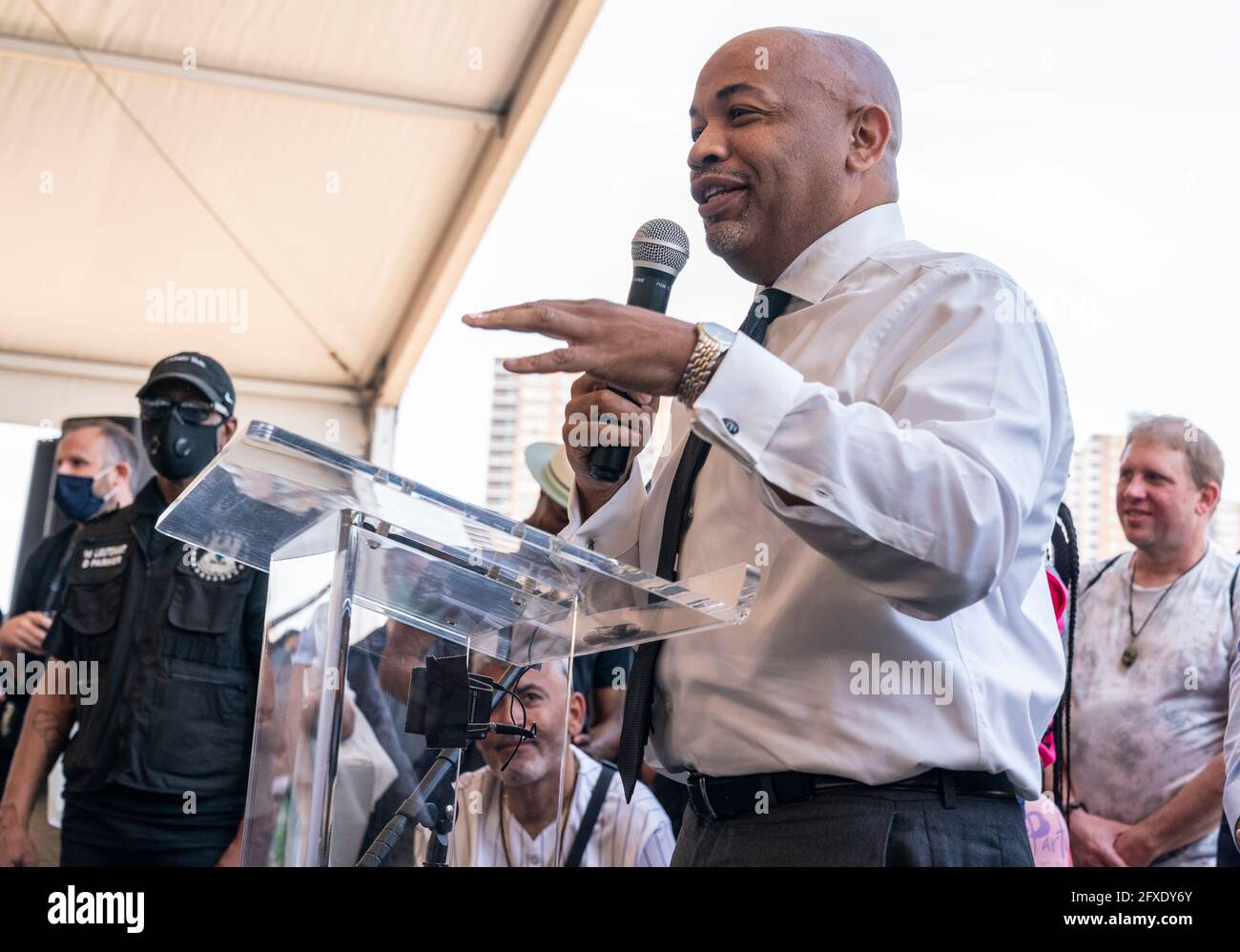 New York, NY - May 20, 2021: NYS Assembly Speaker Carl Heastie speaks at The Universal Hip Hop Museum groundbreaking ceremony at Bronx Point Stock Photo