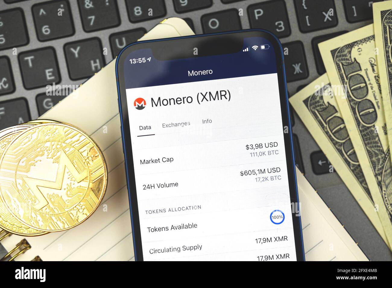 Monero cryptocurrency trade and exchange with your mobile phone app, online  banking with virtual money concept business background, top view Stock  Photo - Alamy