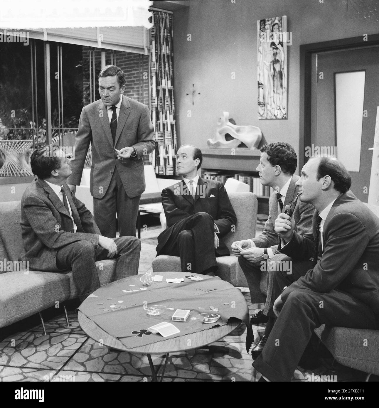 Television rehearsal Poker. Andre van den Heuvel, Peter Aryans, Pim Dikkers, Luc Lutz, June 8, 1961, Television rehearsals, The Netherlands, 20th century press agency photo, news to remember, documentary, historic photography 1945-1990, visual stories, human history of the Twentieth Century, capturing moments in time Stock Photo