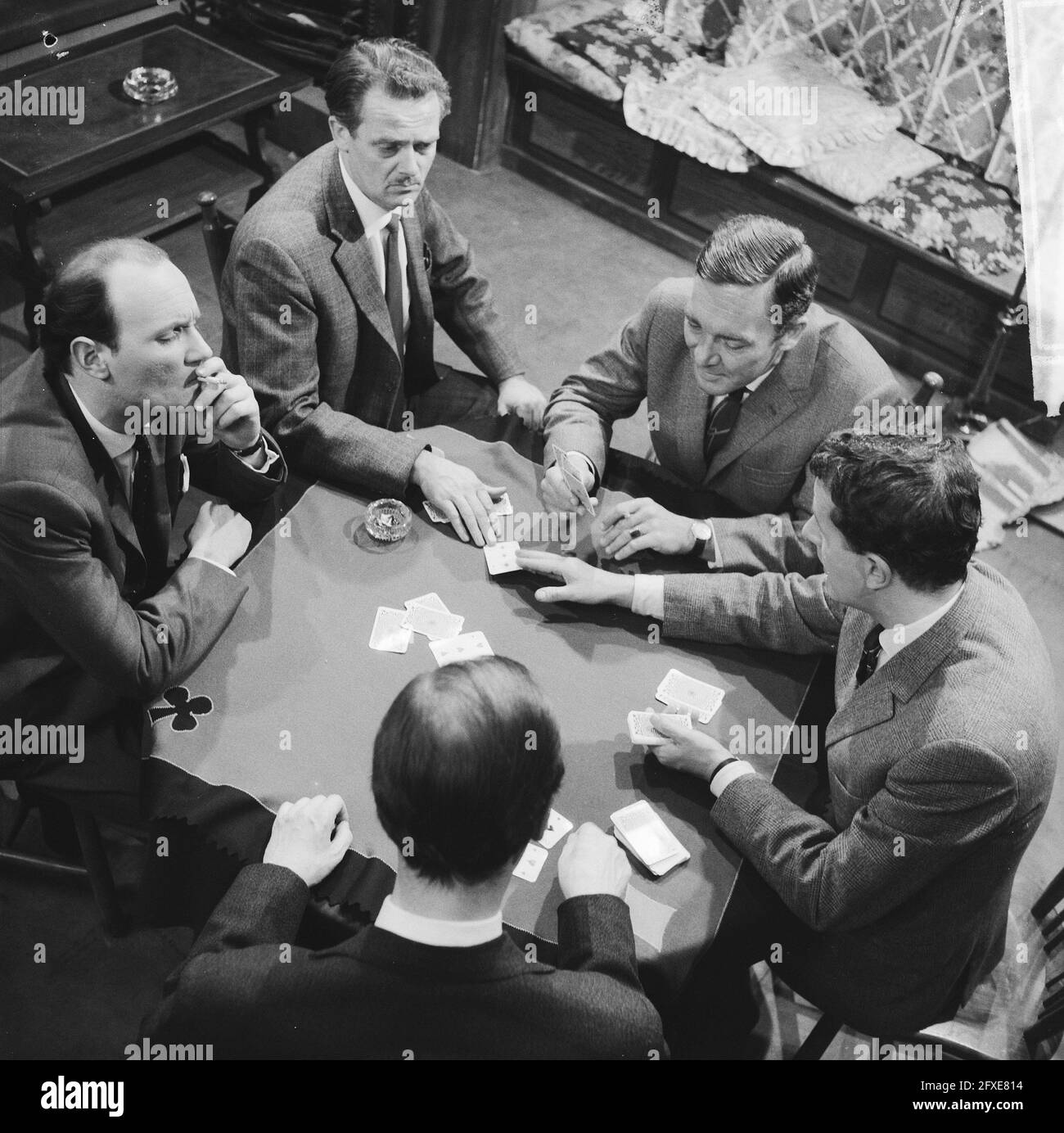 Television rehearsal Poker. Andre van den Heuvel, Peter Aryans, Pim Dikkers, Luc Lutz, June 8, 1961, Television rehearsals, The Netherlands, 20th century press agency photo, news to remember, documentary, historic photography 1945-1990, visual stories, human history of the Twentieth Century, capturing moments in time Stock Photo