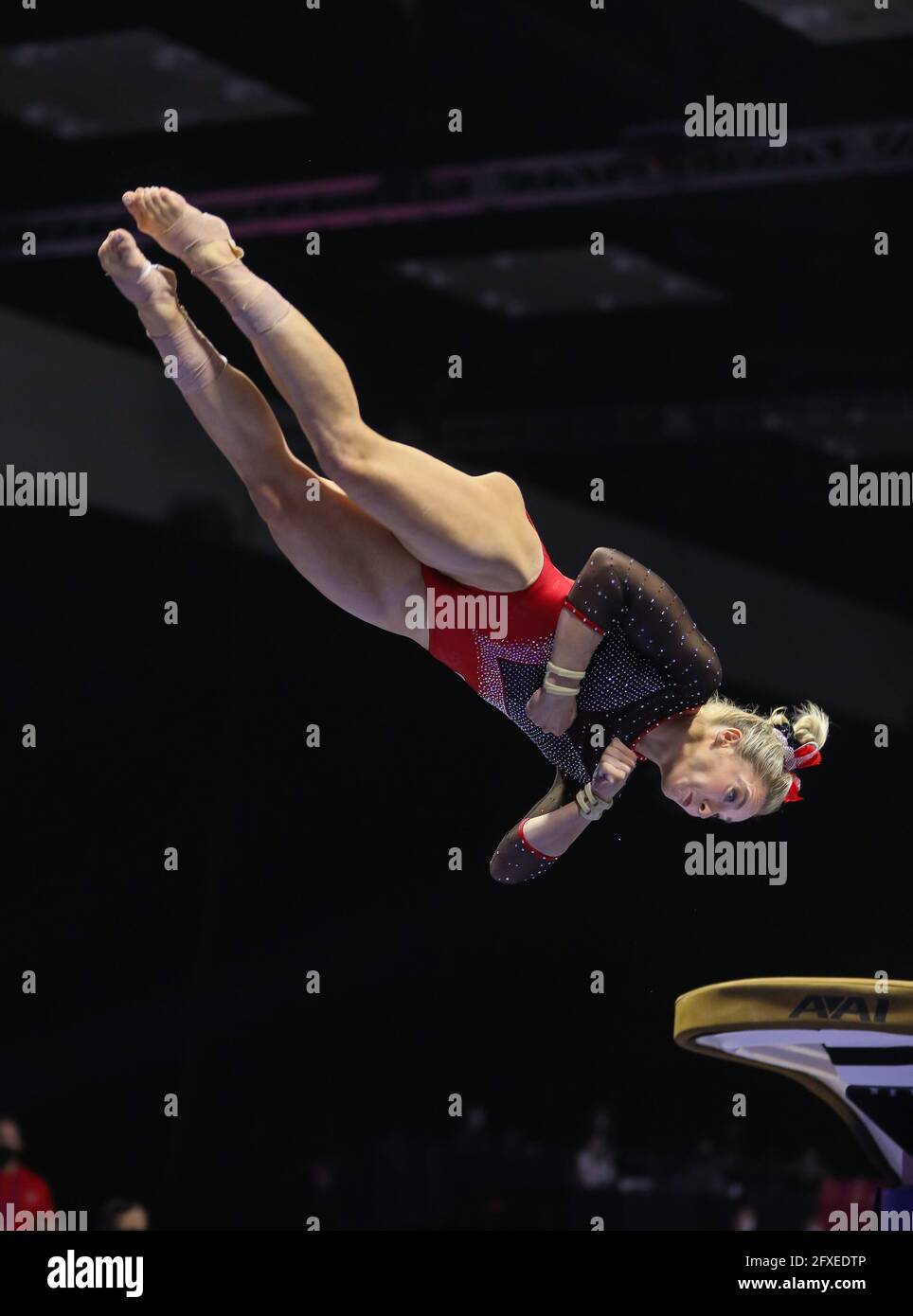 May 22, 2021: MyKayla Skinner twists in the air during her vault at the 2021 GK U.S. Classic at the Indiana Convention Center in Indianapolis, IN. Kyle Okita/CSM Stock Photo