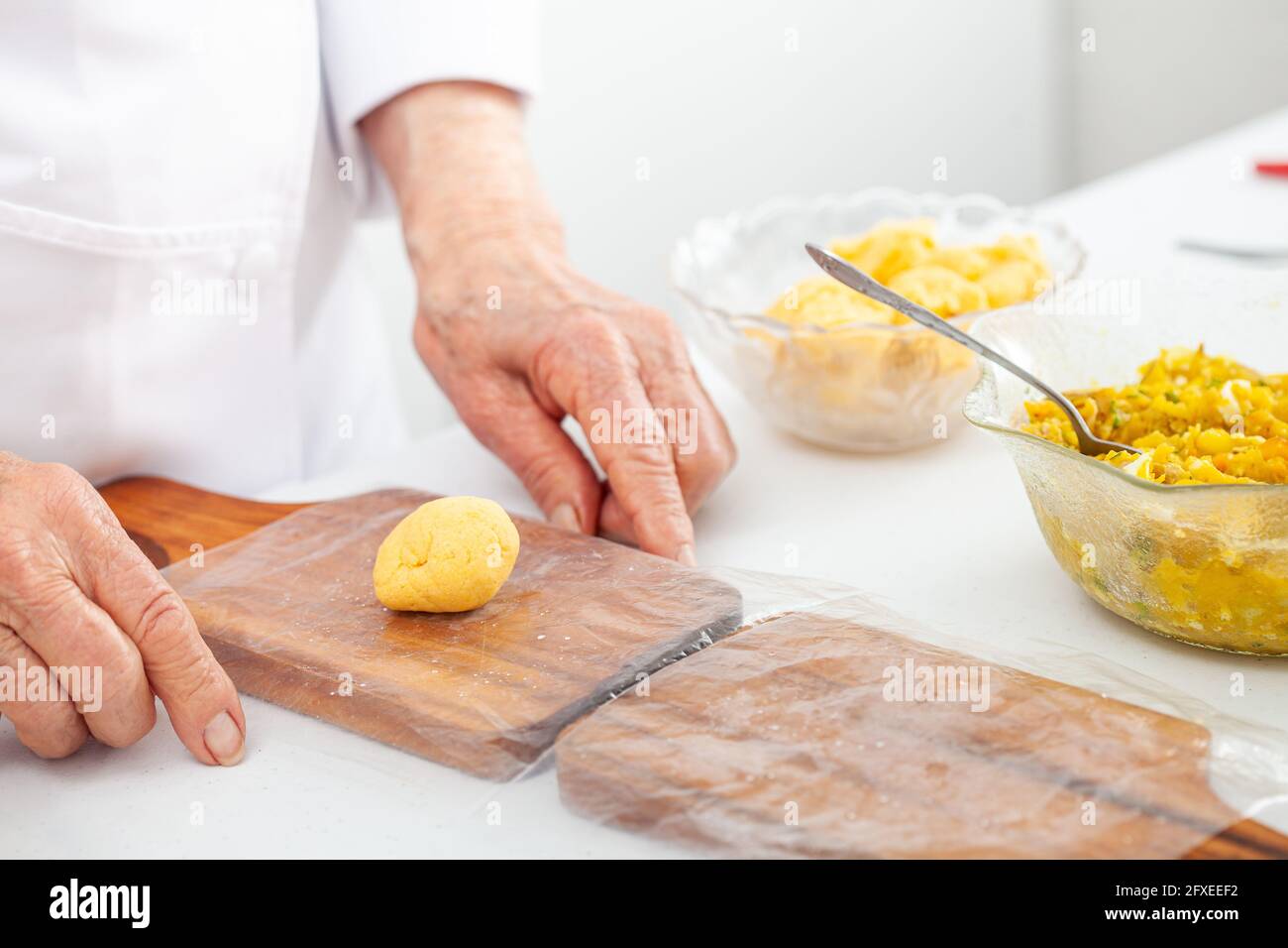 Preparation of a traditional dish from el Valle del Cauca in Colombia called empanada Stock Photo