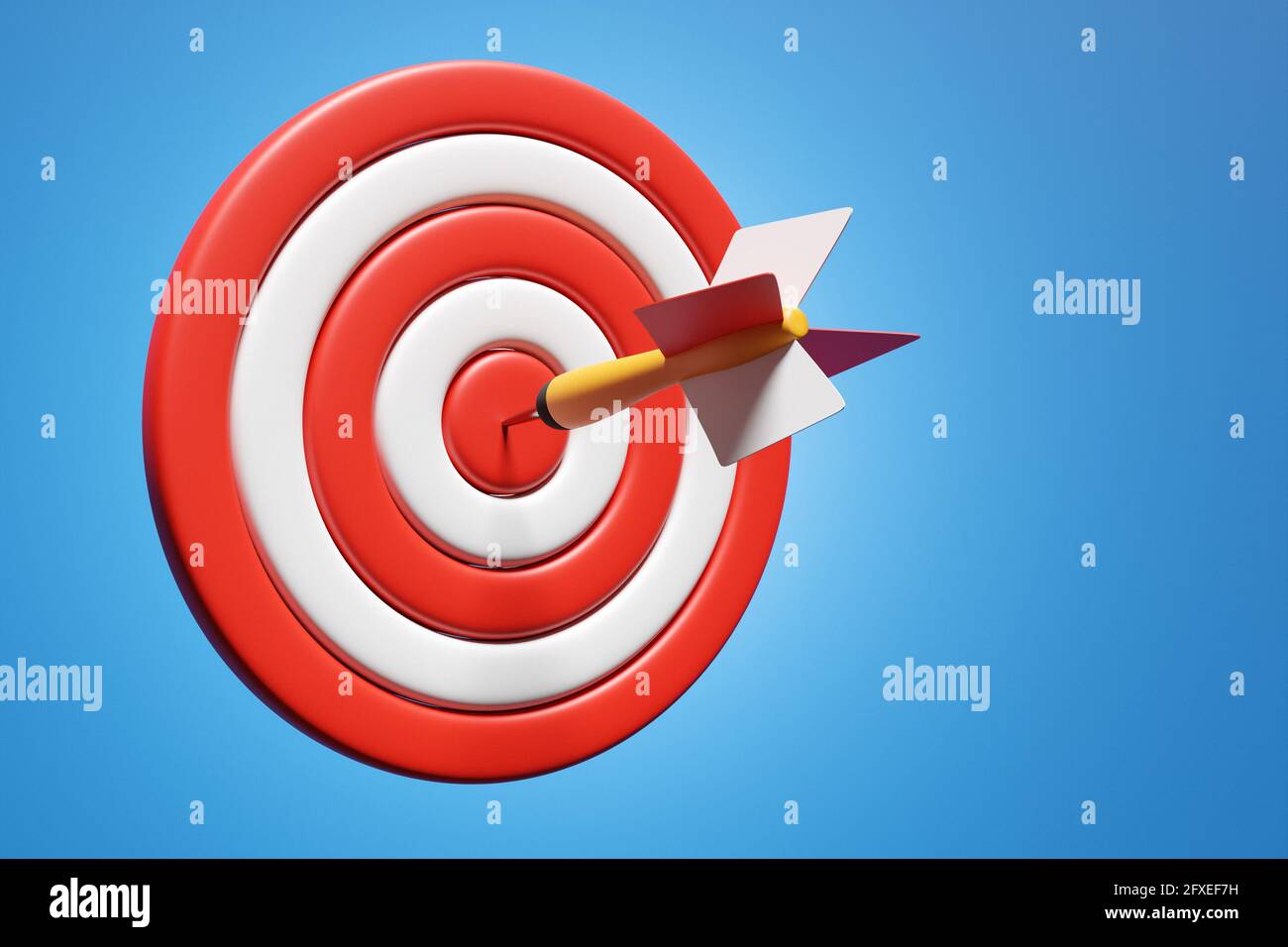 3d illustration of a round red and white target with an arrow on a blue ...