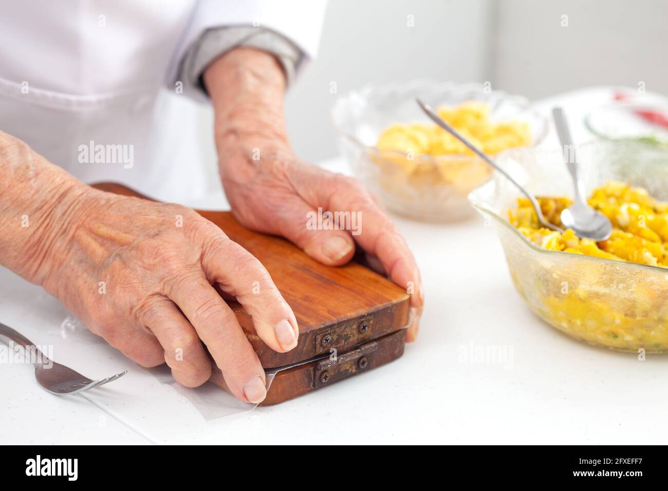 Preparation of a traditional dish from el Valle del Cauca in Colombia called empanada Stock Photo