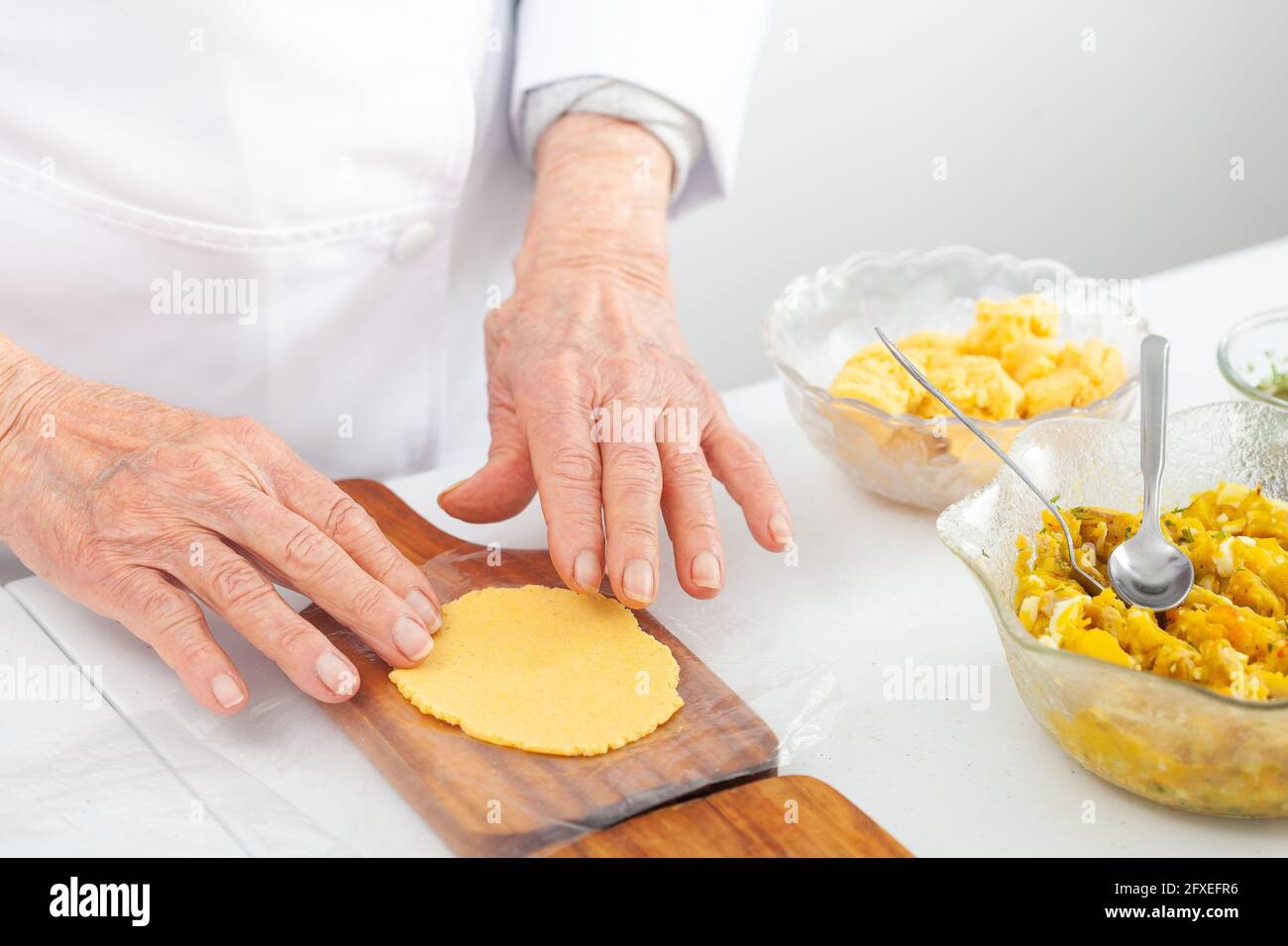 Preparation of a traditional dish from el Valle del Cauca in Colombia called empanada Stock Photo
