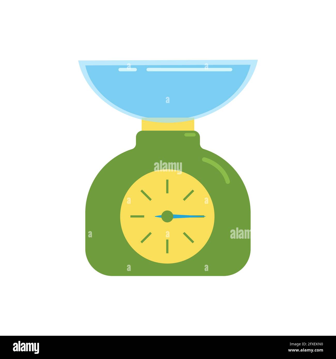 Kitchen plastic scales in the shape of a clock with a large plastic bowl, kitchen appliance, vector clipart in cartoon style, isolate, flat Stock Vector