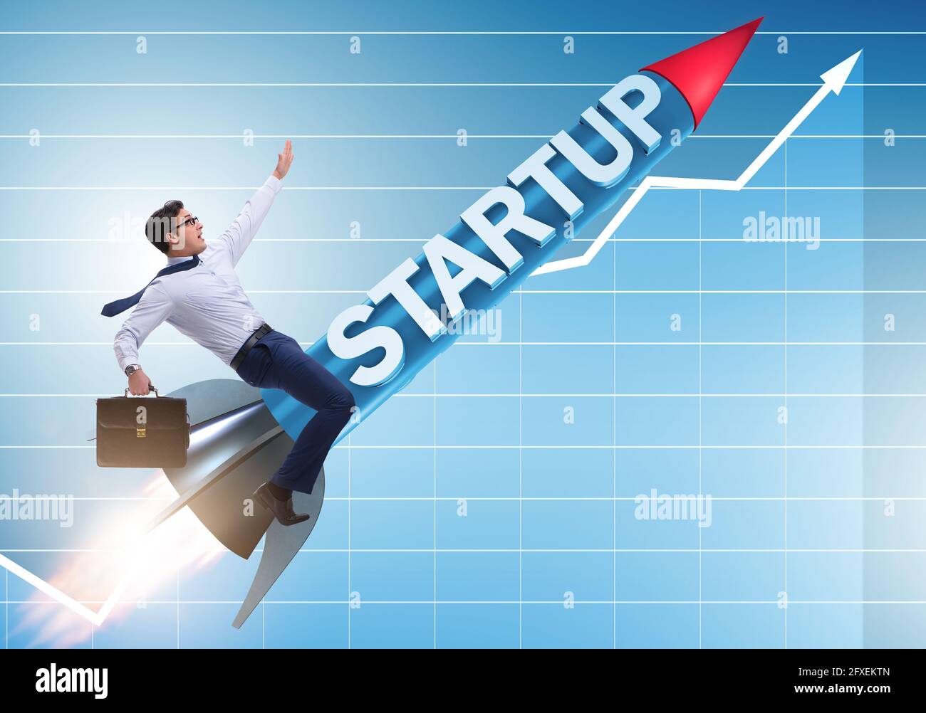 The businessman in start-up concept flying on rocket Stock Photo - Alamy