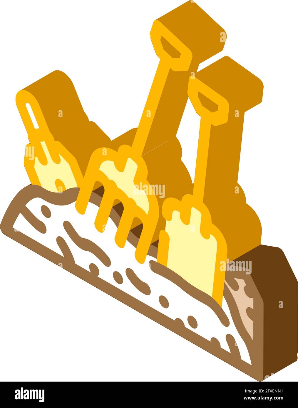 pitchfork and shovel tool on compost pile isometric icon vector