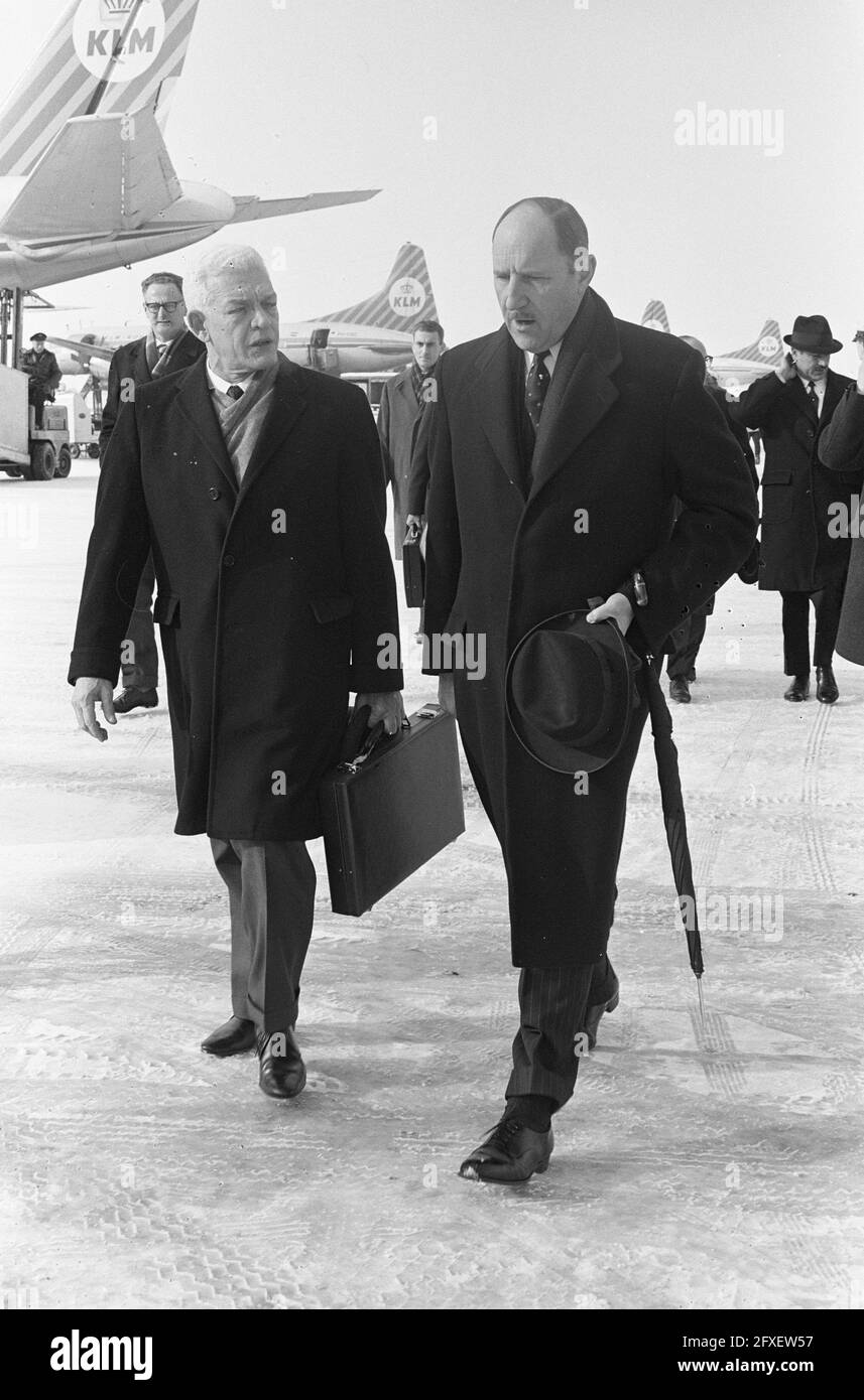 Future President of Dominican Republic Juan Bosch for short visit in our country, Juan Bosch and Minister Luns at Schiphol Airport, February 13, 1963, visits, presidents, The Netherlands, 20th century press agency photo, news to remember, documentary, historic photography 1945-1990, visual stories, human history of the Twentieth Century, capturing moments in time Stock Photo