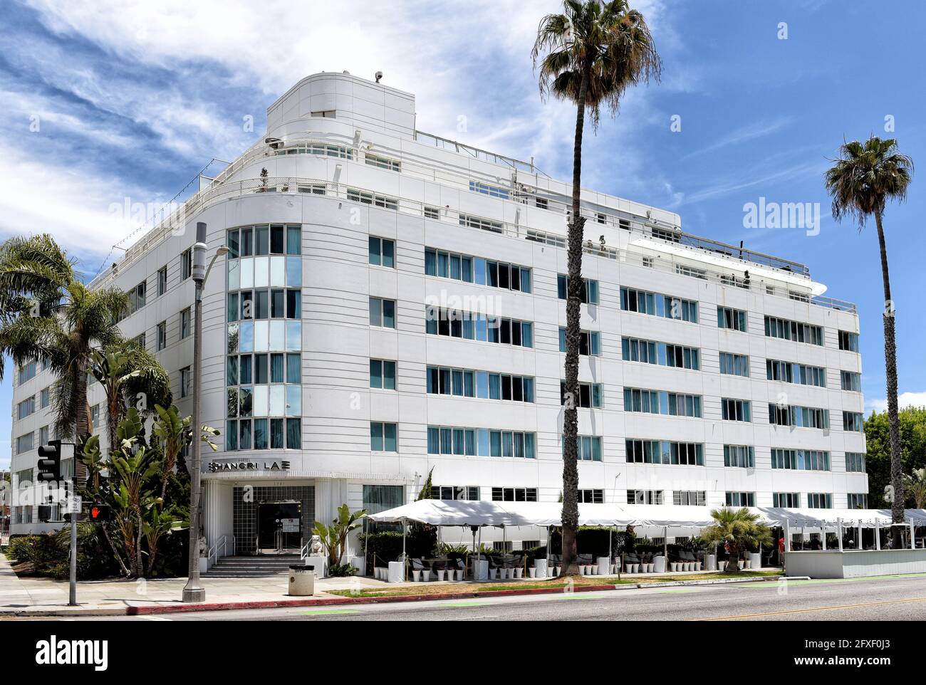 SANTA MONICA, CALIFORNIA - 25 MAY 2021: Hotel Shangri-La, an example of Streamline Moderne architecture and Art Deco design, on Ocean Avenue. Stock Photo